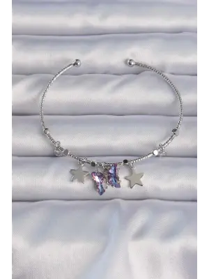 Pirinç Gümüş Renk Zirkon Taşlı Renkli Kelebek Model Yıldız Figürlü Charm Bileklik