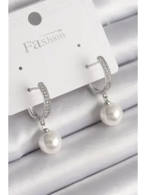  Gümüş Zirkon Taşlı Sallanı İnci Model Çelik Küpe