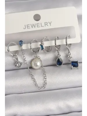 Gümüş Zirkon Taşlı Sallantılı Zincir Detaylı Çelik Küpe Seti