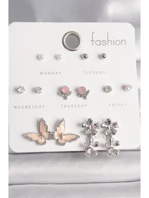  Gümüş Zirkon Taşlı Sallantı Çiçek Mineli Kelebek Figür İnci Detay 7 Çift Çelik Küpe Seti