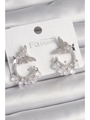  Gümüş Zirkon Taşlı Sallantı Detay Kelebek Model Çelik Küpe