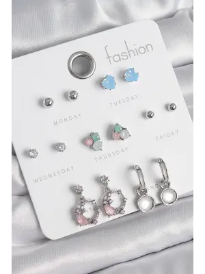 Pirinç Gümüş Renk Zirkon Taşlı Sallantı Halka Model Çiçek Detay 7 Çift Kadın Küpe Seti