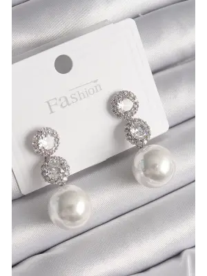  Gümüş Zirkon Taşlı Sallantı İnci Model Çelik Küpe