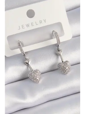  Gümüş Zirkon Taşlı Sallantı Kalp Model Çelik Küpe