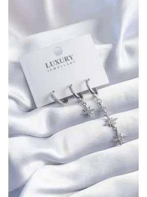 Pirinç Gümüş Renk Zirkon Taşlı Sallantı Kutup Yıldızı Model 3lü Kadın Küpe Seti