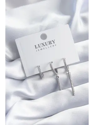 Pirinç Gümüş Renk Zirkon Taşlı Sallantı Model 3lü Kadın Küpe Seti