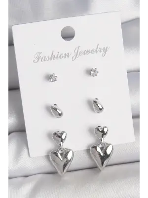 Pirinç Gümüş Renk Zirkon Taşlı Sallantılı Kalp Model 3 Çift Kadın Küpe Seti