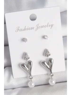 Pirinç Gümüş Renk Zirkon Taşlı Sallantılı Kalp Model 3 Çift Kadın Küpe Seti