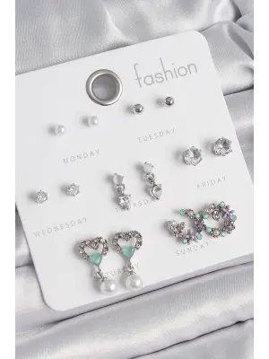 Pirinç Gümüş Renk Zirkon Taşlı Sallantılı Kalp Model Çiçek Detay 7 Çift Kadın Küpe Seti