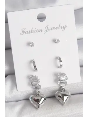 Pirinç Gümüş Renk Zirkon Taşlı Sallantılı Kalp Model Yarım Halka Detay 3 Çfit Kadın Küpe Seti