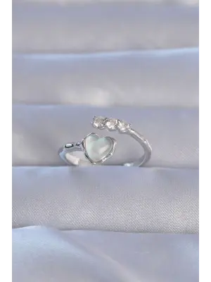  Gümüş Zirkon Taşlı Sedefli Kalp Model Ayarlanabilir Yüzük