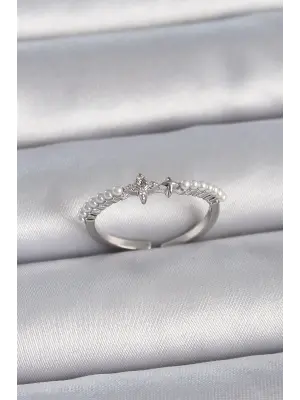  Gümüş Zirkon Taşlı Sıralı İnci Ayarlanabilir Model Çelik Yüzük