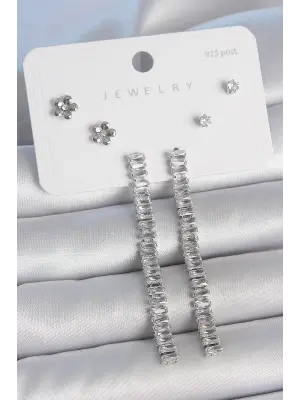 Pirinç Gümüş Renk Zirkon Taşlı Su Yolu Model Çiçek Detay 925 Ayar Gümüş Çivi Kadın Küpe Seti