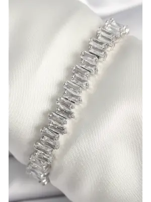 Pirinç Gümüş Renk Zirkon Taşlı Su Yolu Model VIP Seri Kadın Bileklik