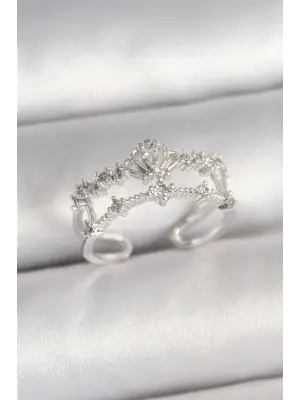 Pirinç Gümüş Renk Zirkon Taşlı Taç Model Ayarlanabilir Kadın Yüzük