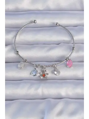 Pirinç Gümüş Renk Zirkon Taşlı Teddy Figürlü Charm Bileklik
