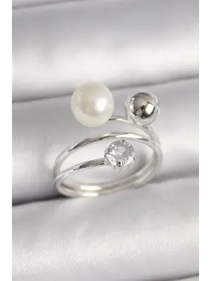 Pirinç Gümüş Renk Zirkon Taşlı Toplu İnci Model Kadın Yüzük