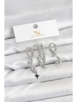 Çelik Gümüş Renk Zirkon Taşlı Uzay Model YSX Trio Küpe Seti