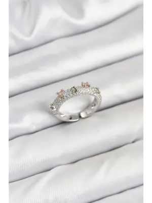 Pirinç Gümüş Renk Zirkon Taşlı Vintage Kadın Yüzük