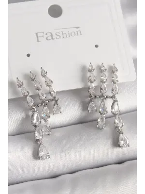  Gümüş Zirkon Taşlı Yağmur Model Çelik Küpe