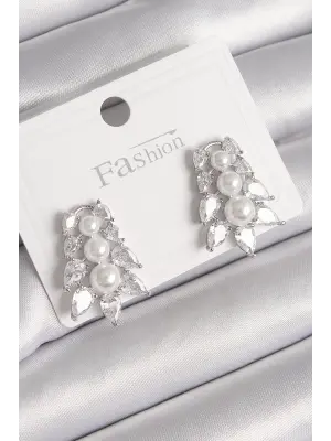  Gümüş Zirkon Taşlı Yaprak Model İnci Detay Çelik Küpe