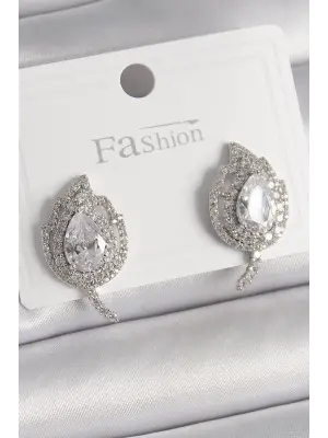  Gümüş Zirkon Taşlı Yaprak Model Çelik Küpe