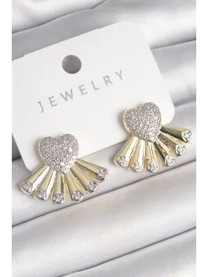  Gümüş Zirkon Taşlı Yelpaze Kalp Model Çelik Küpe