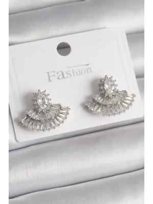  Gümüş Zirkon Taşlı Yelpaze Model Çelik Küpe