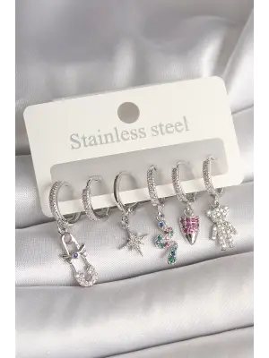 Pirinç Gümüş Renk Zirkon Taşlı Yılan Figür Kadın Küpe Seti