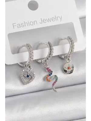  Gümüş Zirkon Taşlı Yılan Kalp Figür Çelik Küpe