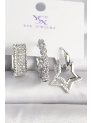 Pirinç Gümüş Renk Zirkon Taşlı Yıldız Figür Halka Model 3Lü Kadın Kombin Küpe