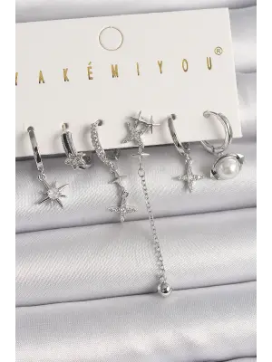  Gümüş Zirkon Taşlı Yıldız Figür VIP Seri Çelik Küpe Kombini