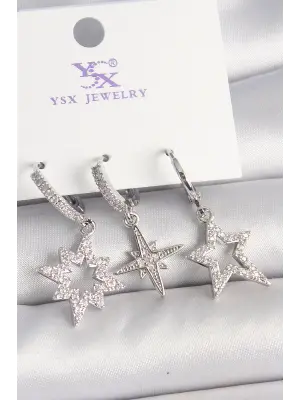 Pirinç Gümüş Renk Zirkon Taşlı Yıldız Model 3Lü Kadın Kombin Küpe