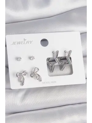 Pirinç Gümüş Renk Zirkon Taşlı Yıldız Model Fiyonk Detay 3 Çift Kadın Küpe Seti