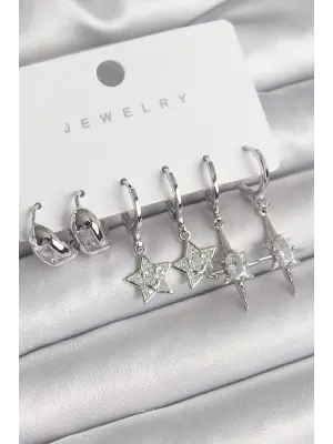  Gümüş Zirkon Taşlı Yıldız Model Çelik Küpe Seti