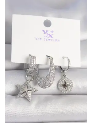 Pirinç Gümüş Renk Zirkon Taşlı Yıldız Model Kutup Yıldız İşleme Detay 3Lü Kadın Kombin Küpe