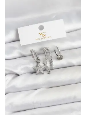 Çelik Gümüş Renk Zirkon Taşlı Yıldız Vintage Model YSX Trio Küpe Seti