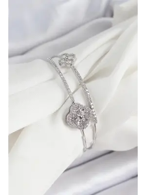 Pirinç Gümüş Renk Zirkon Taşlı Yonca Model 2li Kadın Bileklik