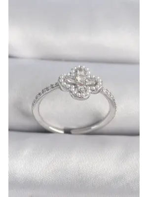  Gümüş Zirkon Taşlı Yonca Model İnci Detay Çelik Yüzük