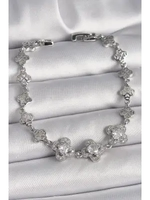 Pirinç Gümüş Renk Zirkon Taşlı Yonca Model Kadın Bileklik