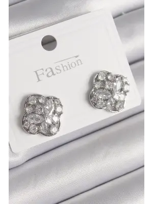  Gümüş Zirkon Taşlı Yonca Model Çelik Küpe