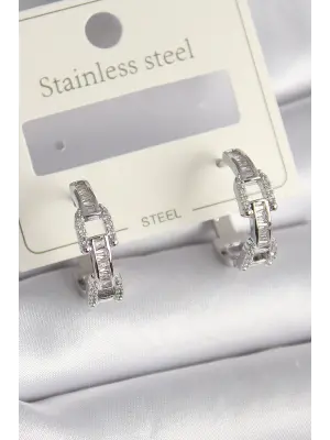  Gümüş Zirkon Taşlı Zincir Model Çelik Küpe