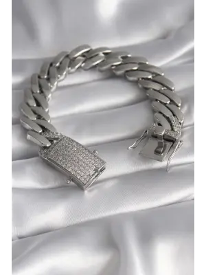 Pirinç Gümüş Renk Zirkon Taşlı Zincir VIP Exclusive Seri Gurmet Model Kadın Bileklik