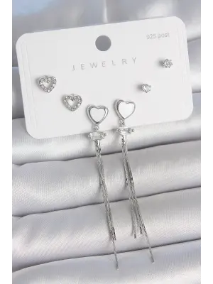 Pirinç Gümüş Sallantı Beyaz Mineli Kalp Model Zirkon Taşlı Kalp Detay 925 Ayar Gümüş Çivi Kadın Küpe Seti