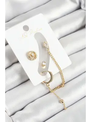 Pirinç Halka Figürlü Zirkon Taşlı Gold Renk 3lü Kıkırdak Kadın Küpe Set