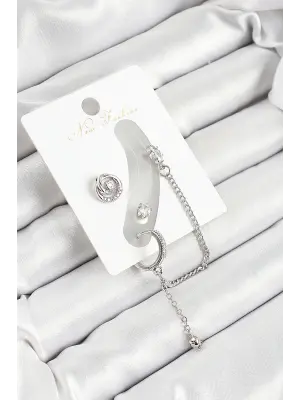 Pirinç Halka Figürlü Zirkon Taşlı Gümüş Renk 3lü Kıkırdak Kadın Küpe Set