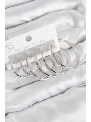 Pirinç Halka Model Gümüş Renk Kadın Set Küpe