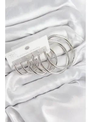 Pirinç Halka Model Gümüş Renk Kadın Set Küpe