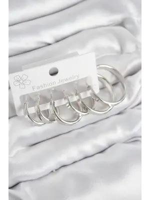 Pirinç Halka Model Gümüş Renk Kadın Set Küpe