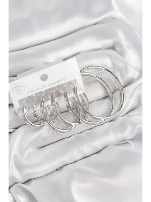 Pirinç Halka Model Gümüş Renk Kadın Set Küpe